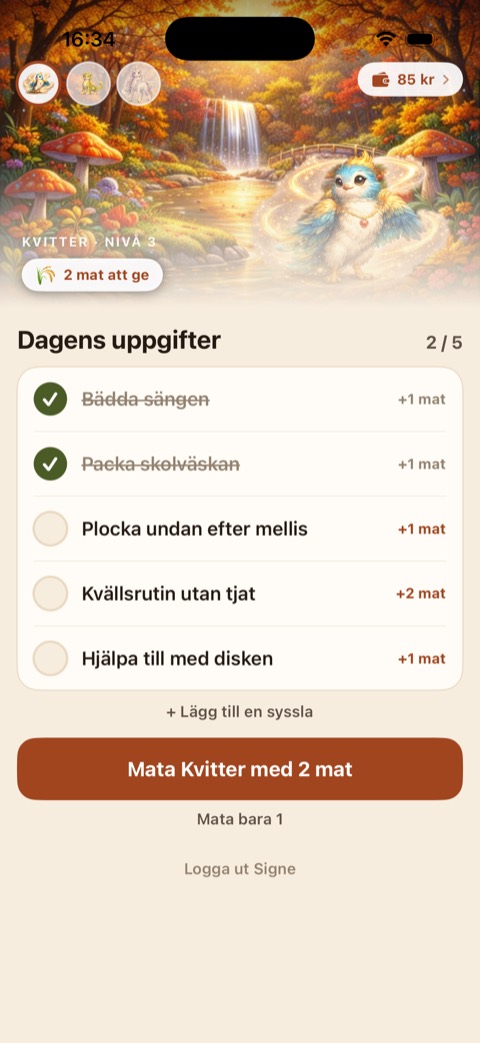 Barnets vy med dagens uppgifter att bocka av