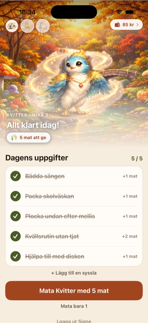 Barnets vy när alla uppgifter är klara och djuret står i mitten